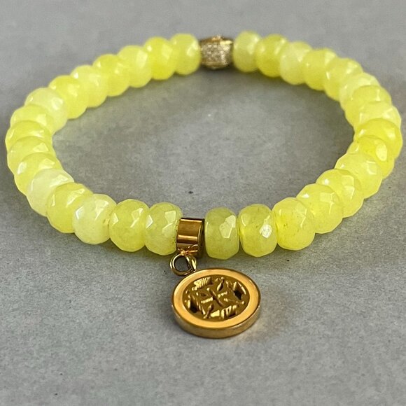 Rustic Cuff Yellow Jade Stretch Bracelet Semi Precious Faceted Stones - Picture 2 of 2